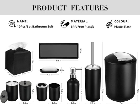 Black Bathroom Accessories Set, 10Pcs Bathroom Accessory Set with Trash Can, Soap Dispenser and Toothbrush Holder, Soap Dish, Cotton Ball & Qtip Holder, Toilet Brush Holder, Tissue Box Cover