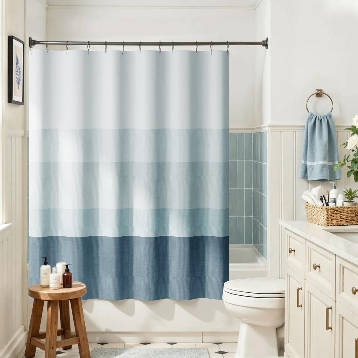 jinchan Ombre Ocean Blue Shower Curtain for Bathroom 70x72 Inch 12 Hooks
