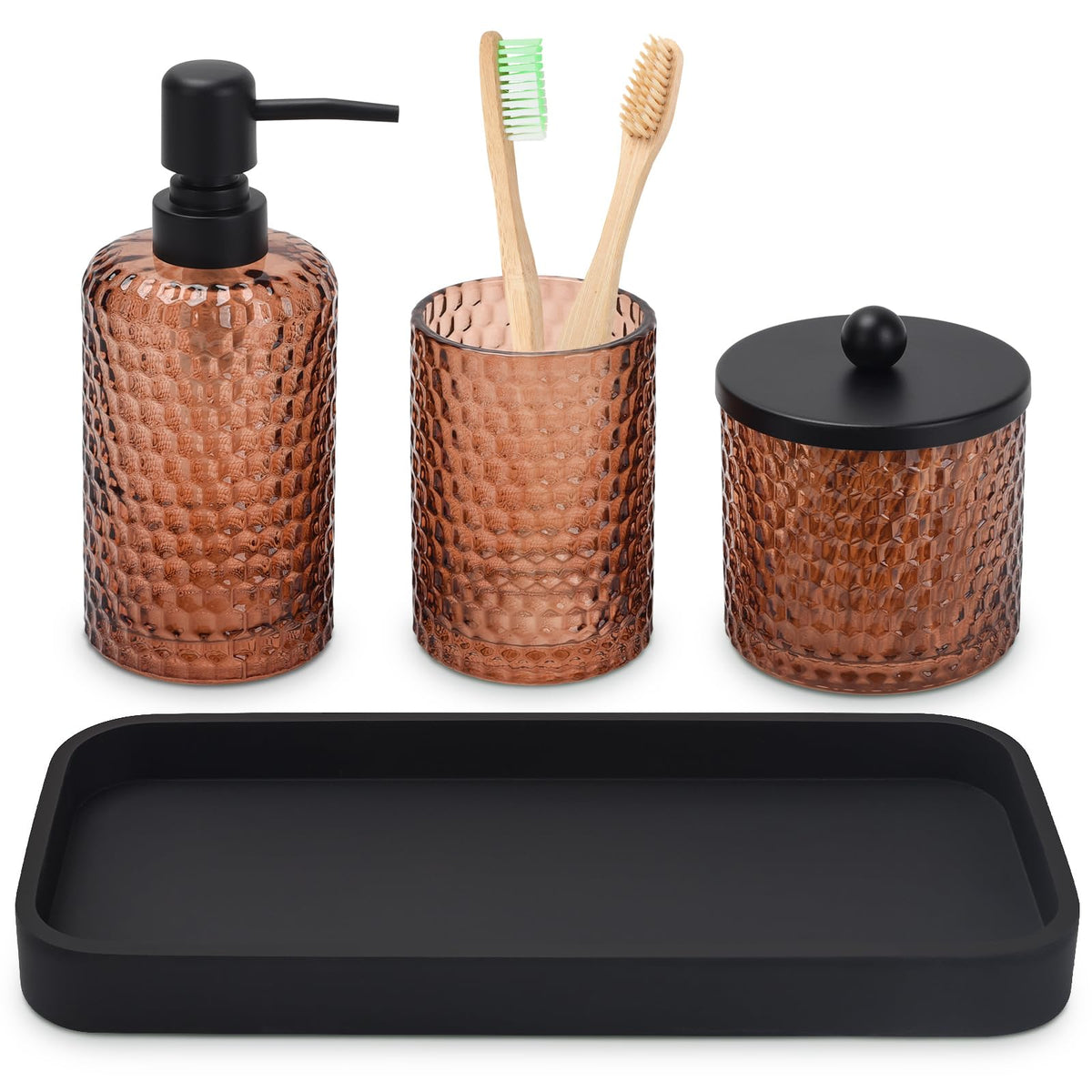 Bathroom Accessories Set,4 Pcs Amber Glass Bathroom Accessories Sets Complete with Lotion Soap Dispenser,Toothbrush Holder,Qtip Holder Dispenser and Vanity Tray,Bathroom Countertop Vanity Organizer
