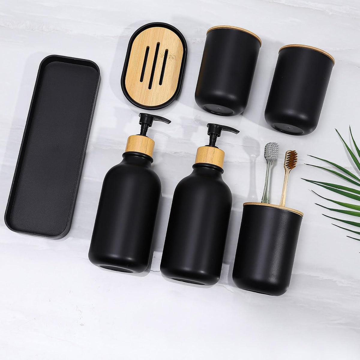 Matte Black Bathroom Accessories Set 7 Pcs,Bamboo Bathroom Accessories Sets,Black Soap Dispenser and Toothbrush Holder Set,Qtip Holder,Vanity Tray,Soap Dish,Modern Bathroom Decor