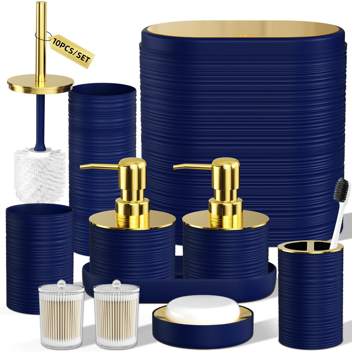 Bathroom Set, 10PC Bathroom Accessory Set, Black Bathroom Accessories, Black and Gold Bathroom Set with Trash Can, Soap Dispensers