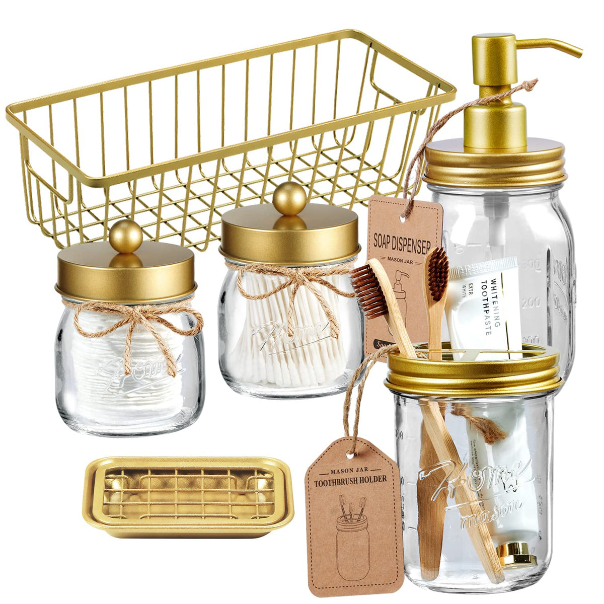 SheeChung Mason Jar Bathroom Accessories Set,6Pcs Rustic Bathroom Set,Brown
