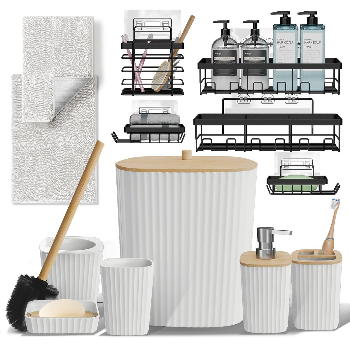 Clara Clark Bathroom Set - Sage Green Bathroom Accessories Set, 6PC Bathroom Accessory Set, Bathroom Sets with Toilet Brush, Trash Can & Soap Dispenser
