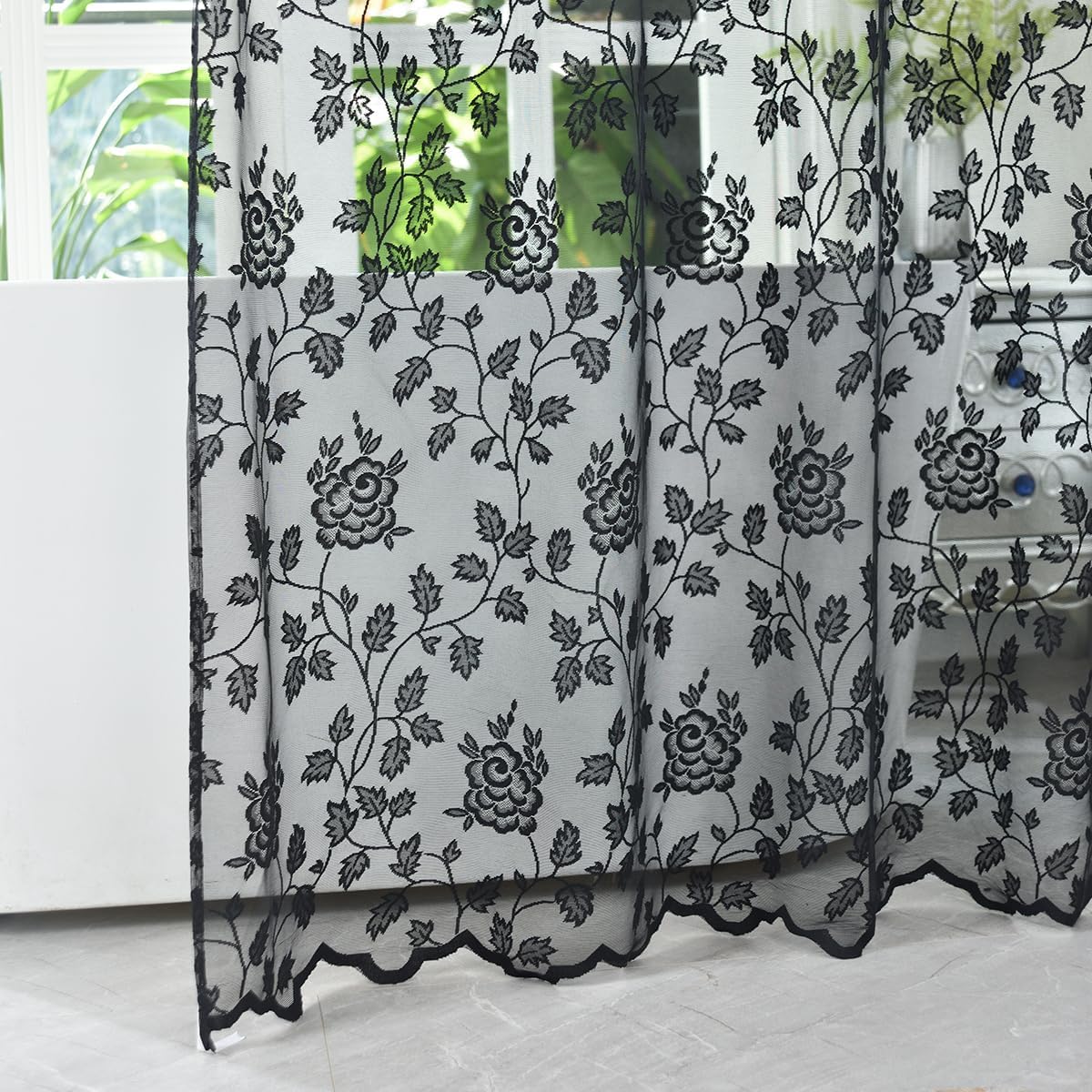 Black Lace Shower Curtain with Attached Valance, 72 x 72 Inch, 1 Panel