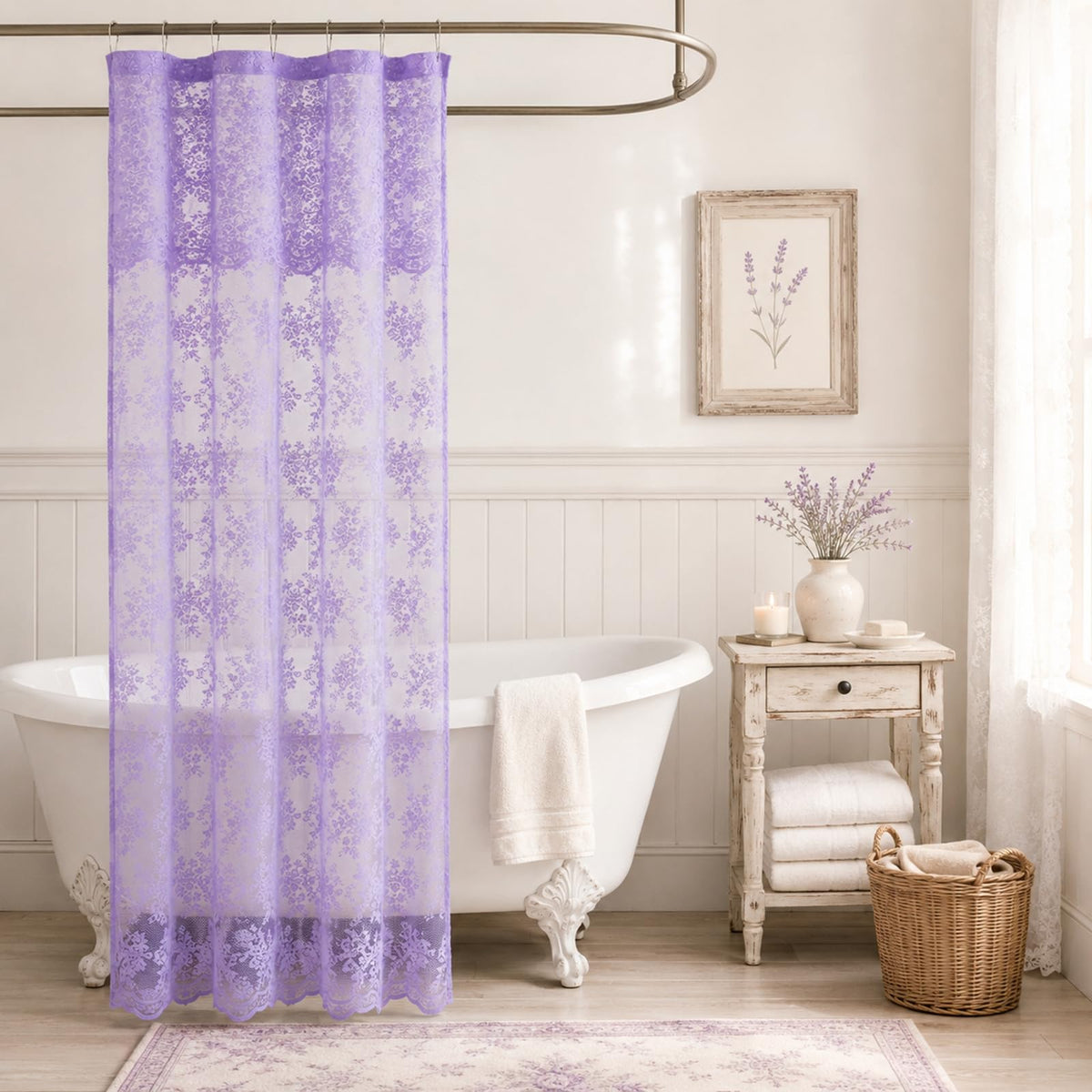 Ivory Lace Shower Curtain 72x72, Vintage Shabby Chic with Attached Valance