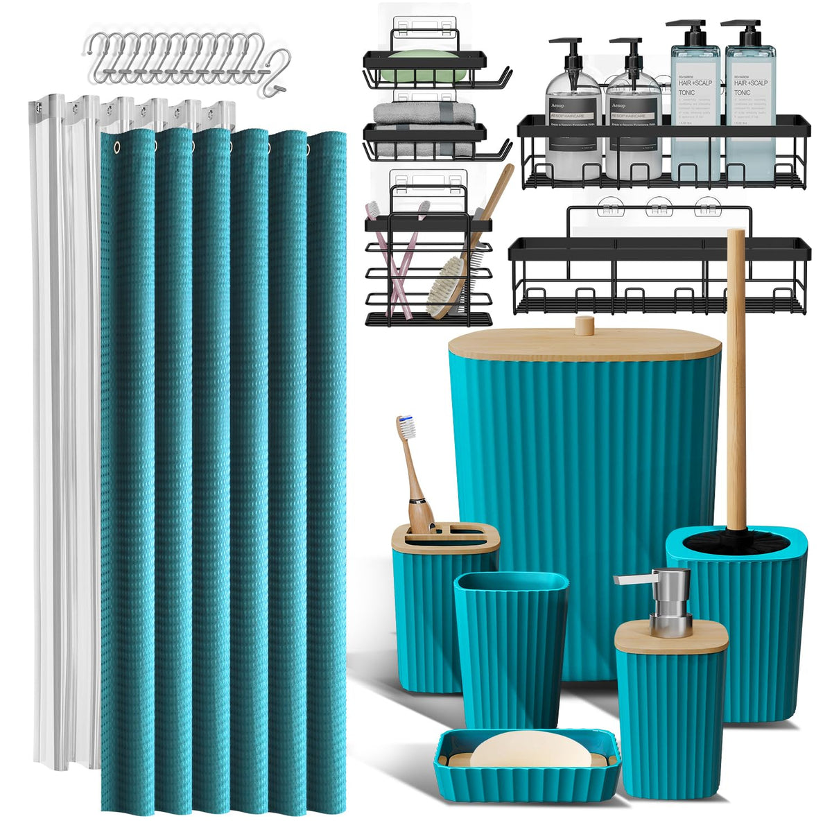 Clara Clark Black Bathroom Set, Shower Curtain Set, Bathroom Accessory Set