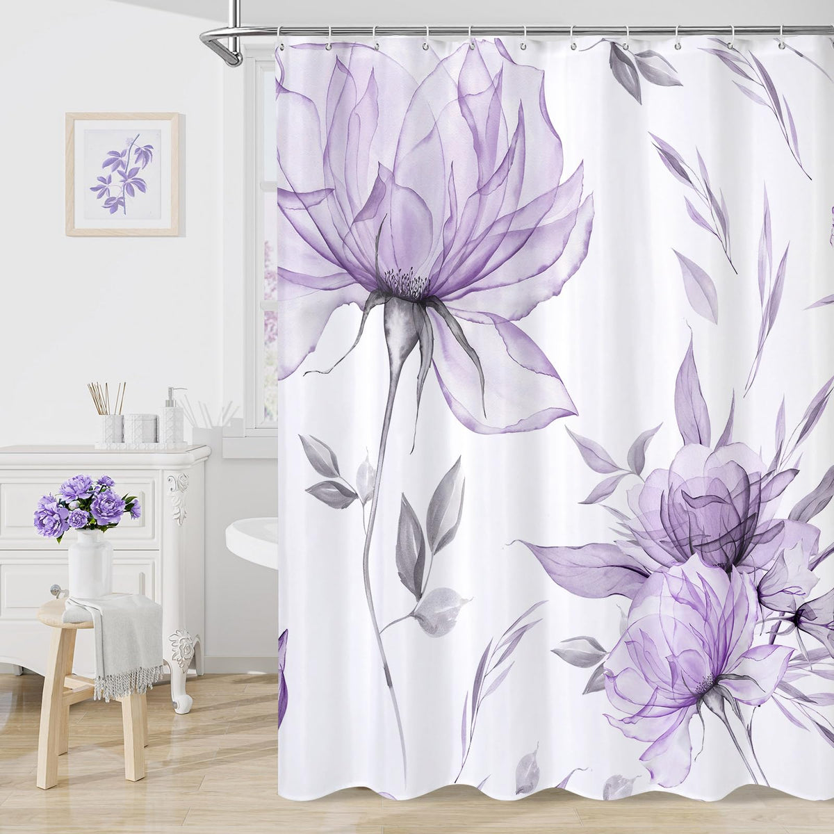 Blue Boho Floral Shower Curtain, Watercolor Botanical Design, 72 x 72