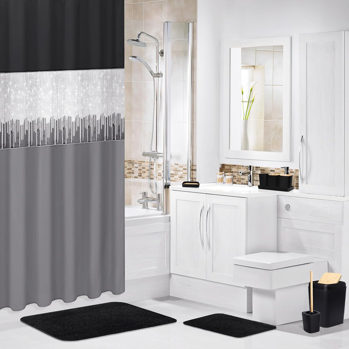XLHOMO Bathroom Sets with Shower Curtain and Rugs,24PCS Black Bathroom Set Shower Curtain Set with Bathroom Trash Can Bathroom Accessories