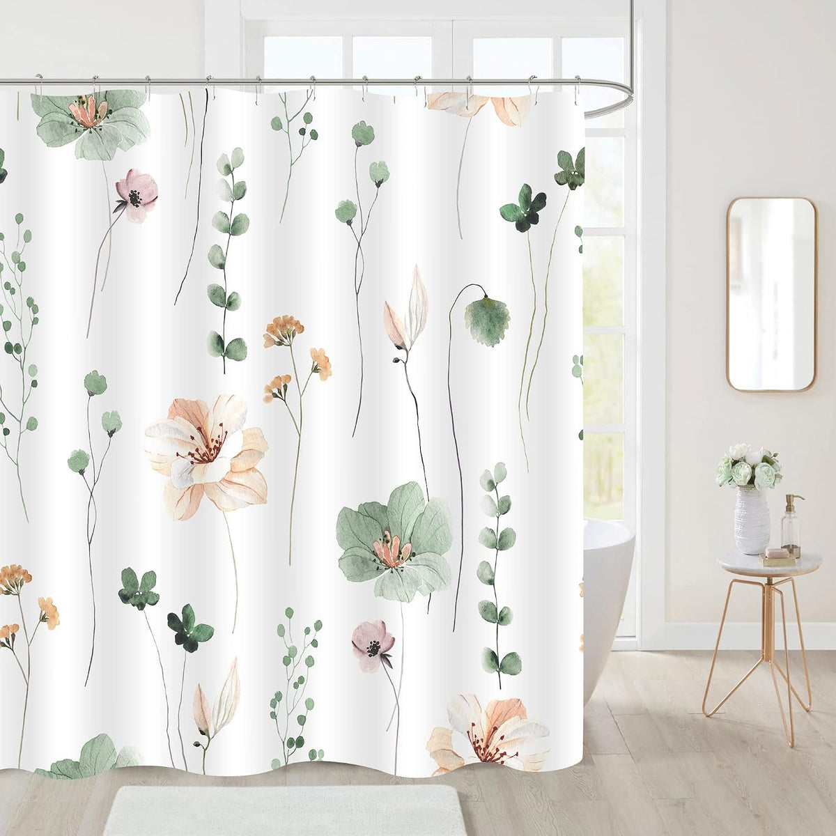 Gibelle Sage Green Beige Watercolor Floral Fabric Shower Curtain 72x72