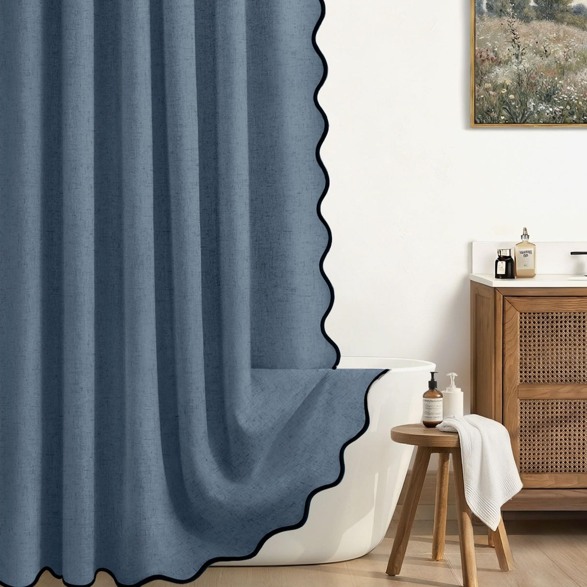 Scalloped Shower Curtain Linen Boho Beige 72" W x 72" L