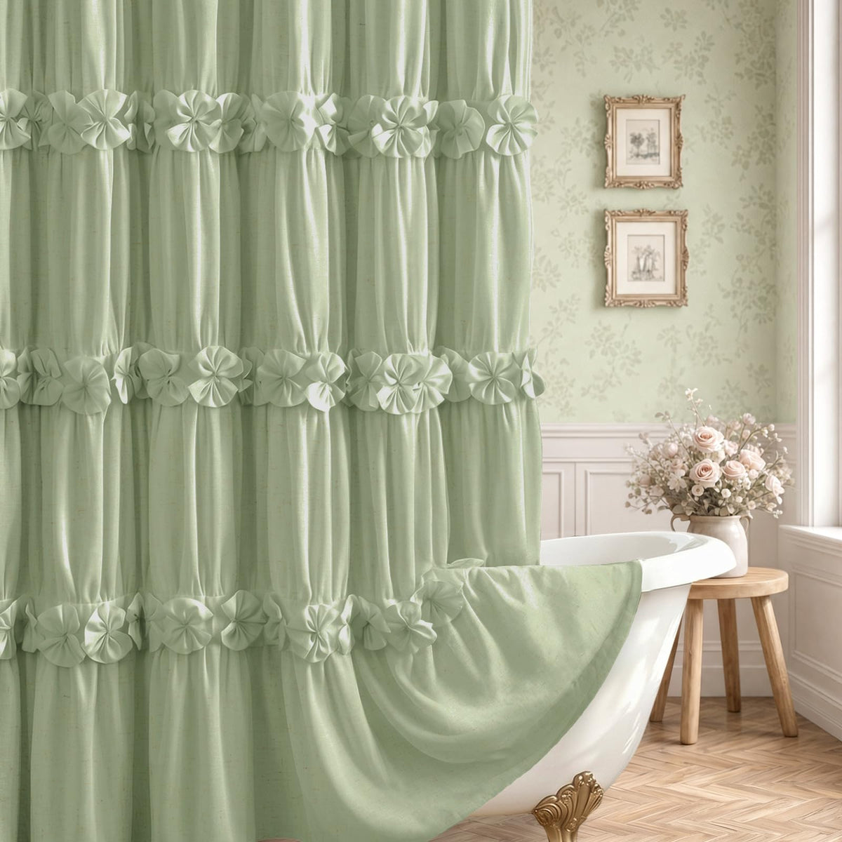 Boho Ruffle Farmhouse Fall Linen Shower Curtain Vintage Cream 72" W x 72" H