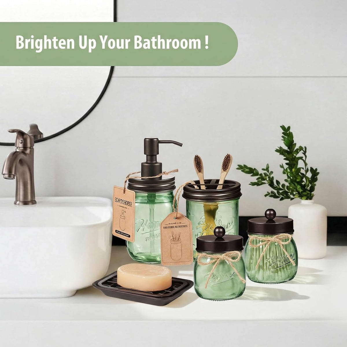 SheeChung Mason Jar Bathroom Accessories Set, 6Pcs Green Glass Bathroom Set