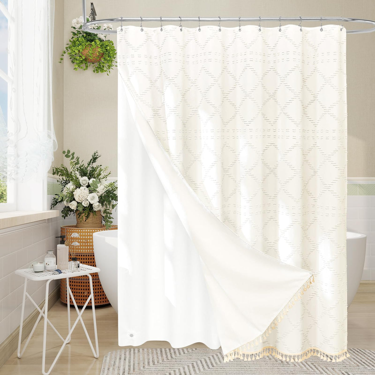 Blue Boho Woven Fabric Shower Curtain with Tassel 72 x 72, Tufted Textured