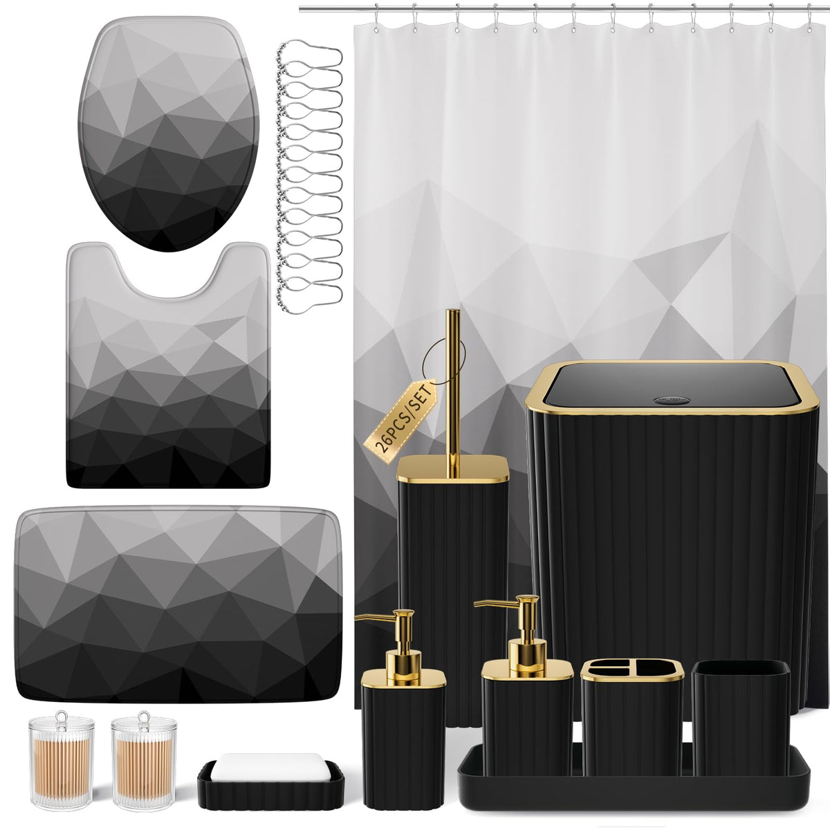 XLHOMO Bathroom Set - 26PC Bathroom Set with Shower Curtain and Rugs, Black