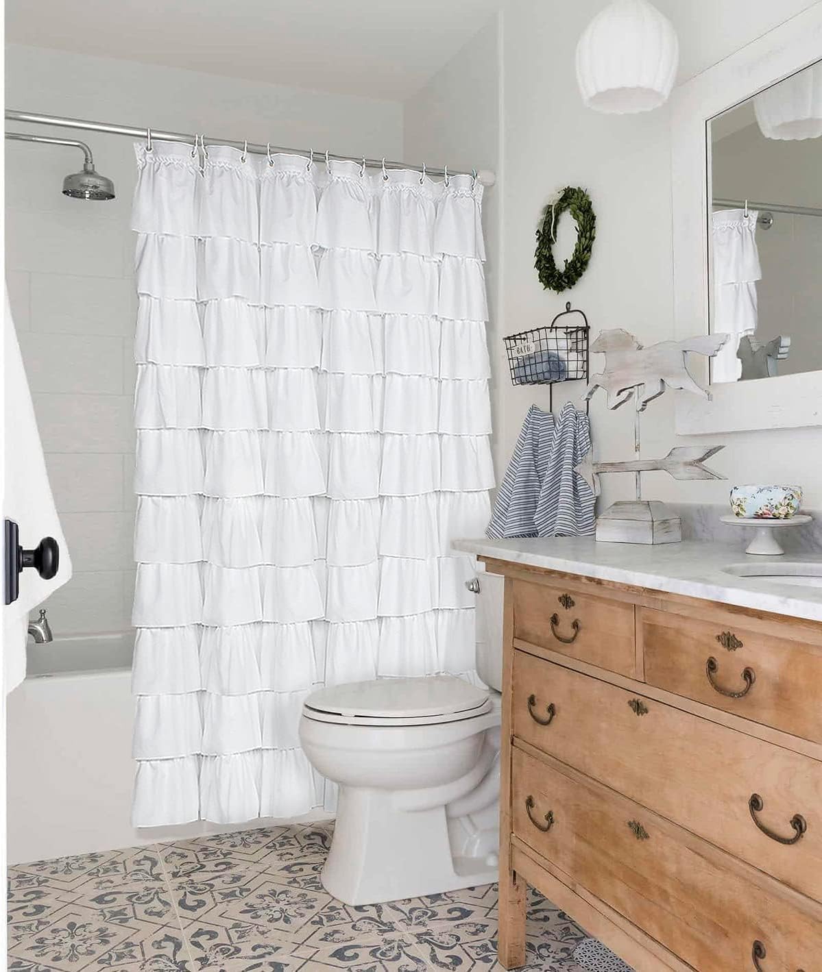 Volens White Shower Curtain Fabric Ruffle for Bathroom,72in Long