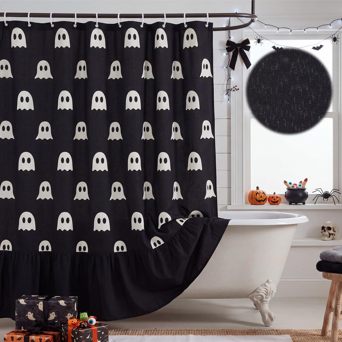 Irenare Fall Pumpkin Shower Curtain, Beige Ruffle Gingham Bathroom Decor