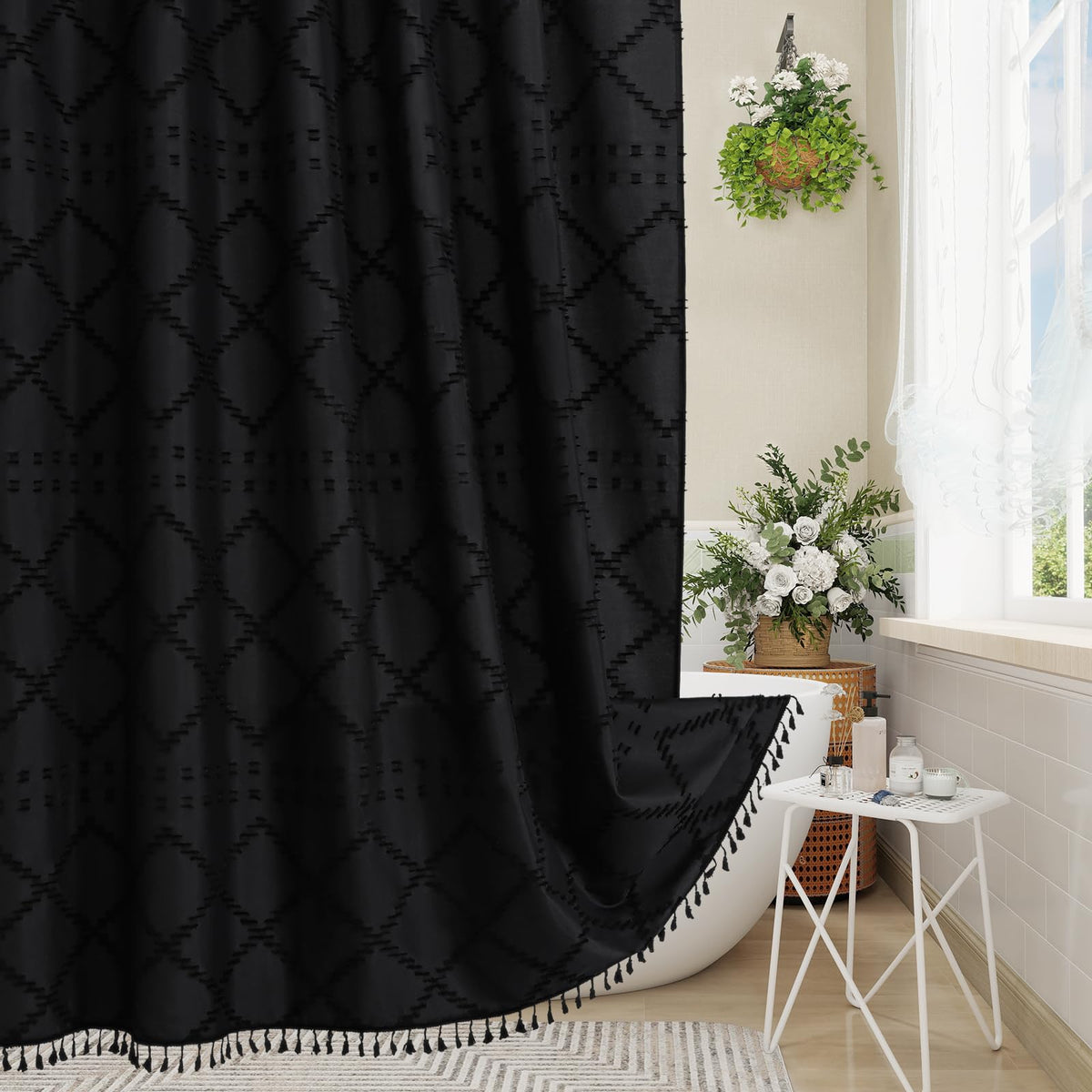 Blue Boho Woven Fabric Shower Curtain with Tassel 72 x 72, Tufted Textured