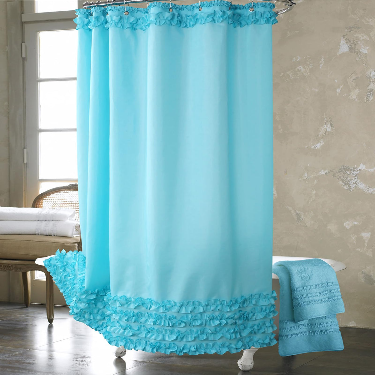 Ruffle Shower Curtain, White Fabric Shower Curtain with Handmade Ruffles, Farmhouse Chic Bath Curtains, 72" W x 72" H