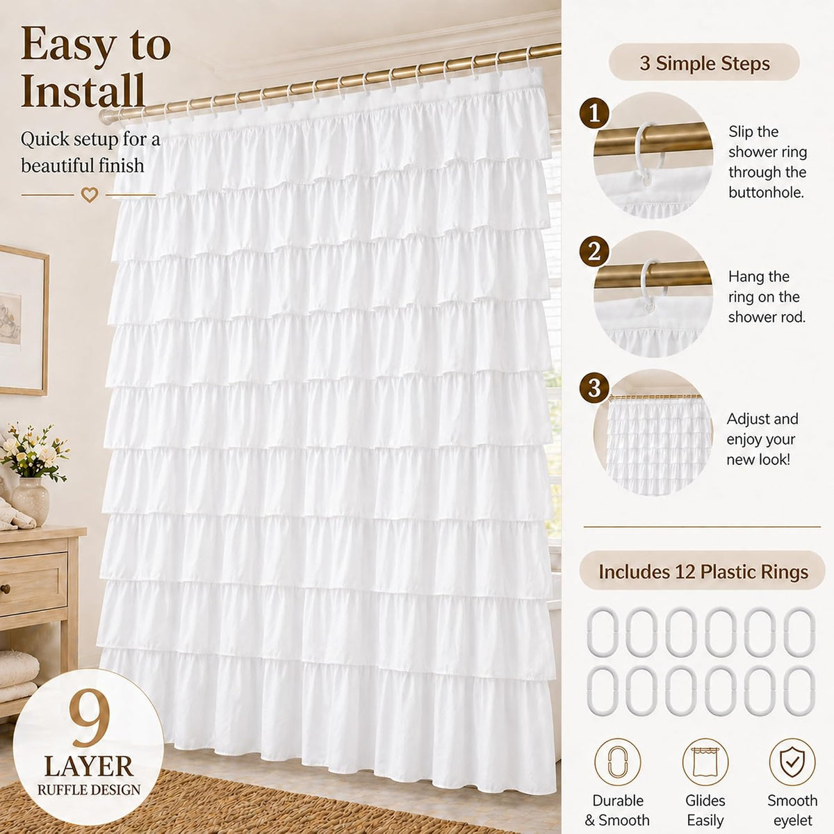 White Ruffle Shower Curtain for Bathroom,72 x 72 Inches, Farmhouse Style