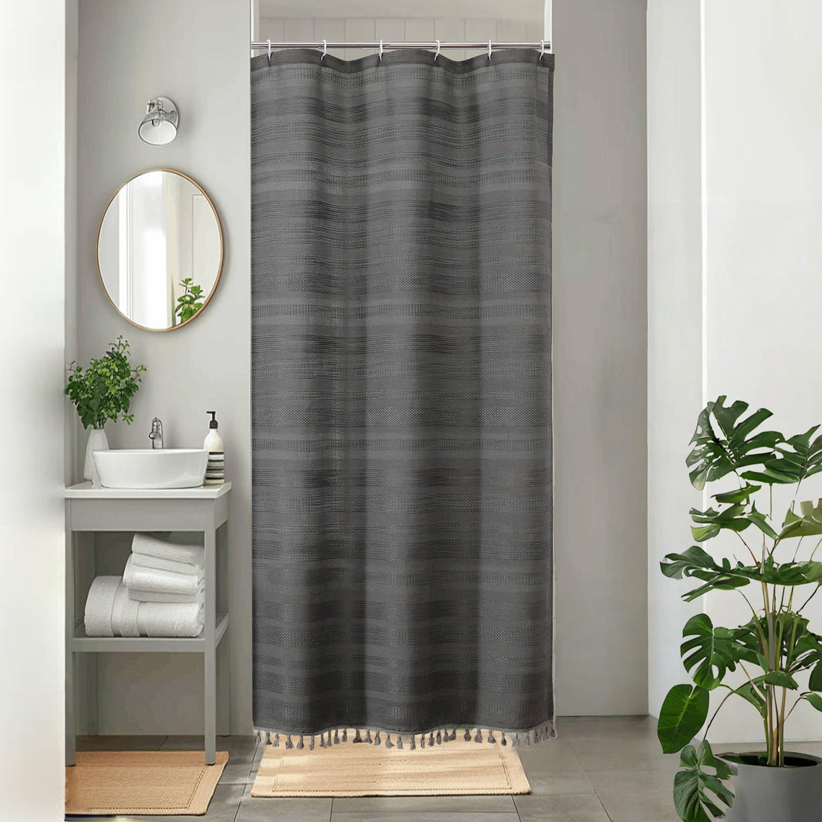 OVZME Extra Long Linen Shower Curtain - 84 Inch Long, Modern Farmhouse Heavy Duty Textured Soft Fabric, Rustic Country Boho Cloth Shower Curtain with Tassel for Bathroom Hotel, 72Wx84L Inches