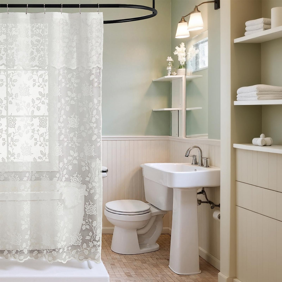 Black Lace Shower Curtain with Attached Valance, 72 x 72 Inch, 1 Panel