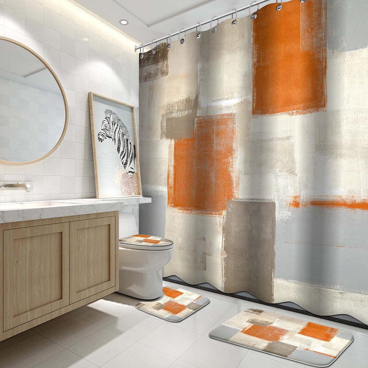 Lnond 4Pcs Bathroom Shower Curtain Sets with Rugs,Orange Modern Painting Art Bathroom Sets with Shower Curtain and Rugs and Accessories