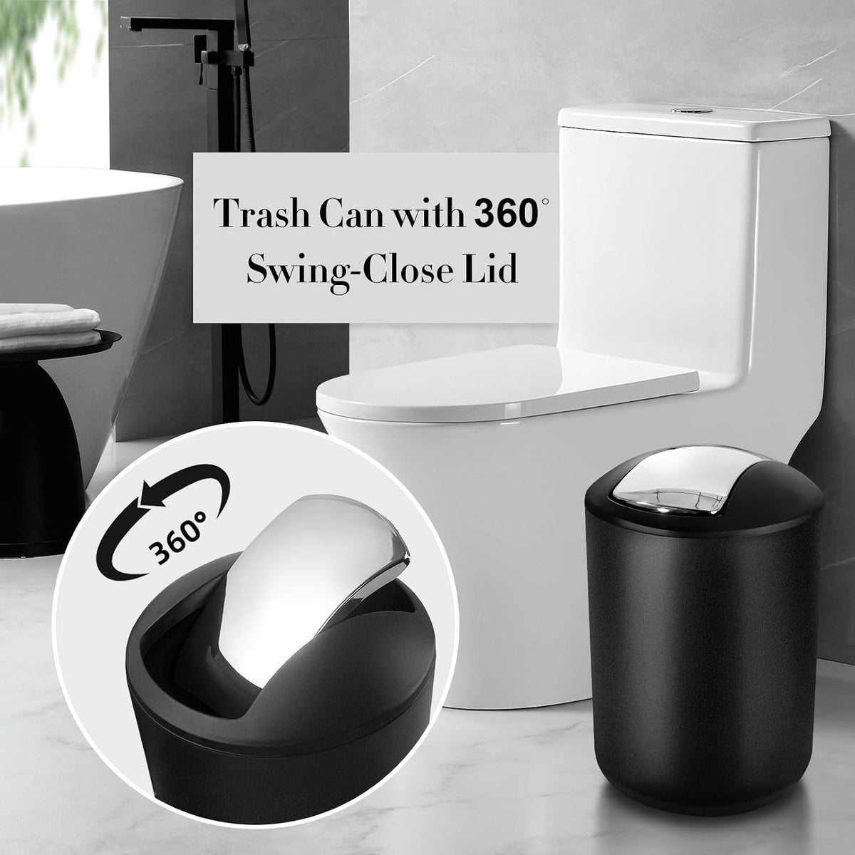 Black Bathroom Accessories Set, 10Pcs Bathroom Accessory Set with Trash Can, Soap Dispenser and Toothbrush Holder, Soap Dish, Cotton Ball & Qtip Holder, Toilet Brush Holder, Tissue Box Cover
