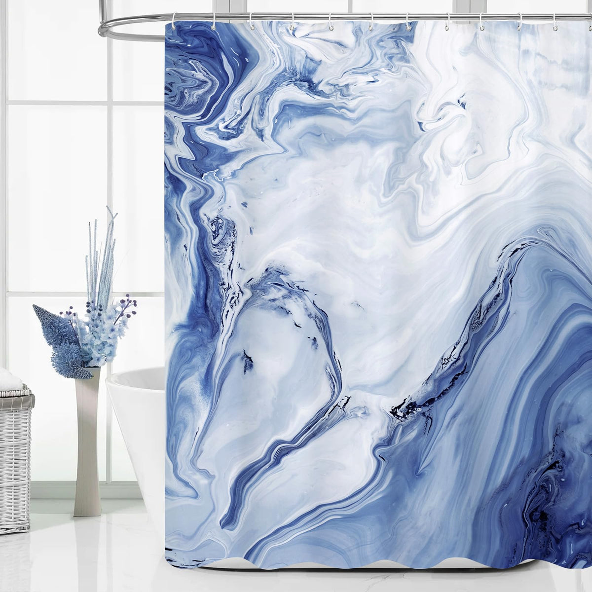 Blue Marble Fabric Shower Curtain, Abstract Watercolor, 72 x 72 Inches
