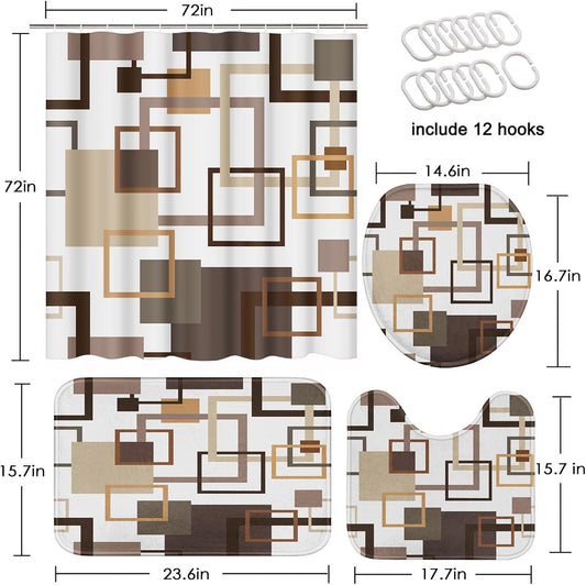 Bathroom Sets with Shower Curtain and Rugs Set of 4 Geometric Brown