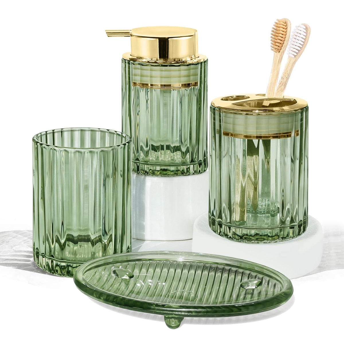 CERBIOR Bathroom Accessories Set, 4 PCS Glass Bathroom Set,Golden Pink