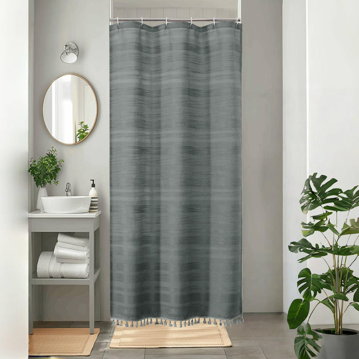 OVZME Extra Long Linen Shower Curtain - 84 Inch Long, Modern Farmhouse Heavy Duty Textured Soft Fabric, Rustic Country Boho Cloth Shower Curtain with Tassel for Bathroom Hotel, 72Wx84L Inches
