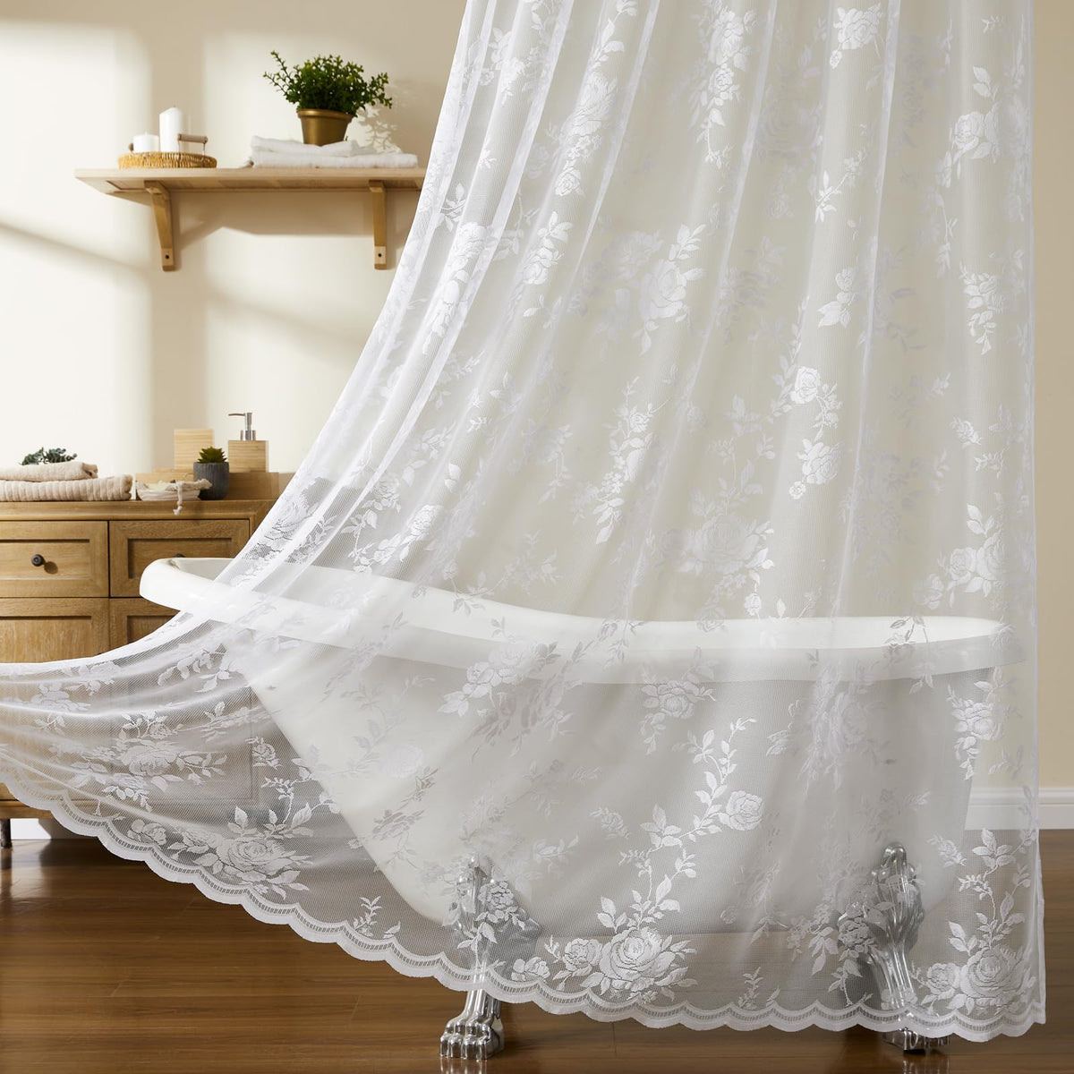 Beige Lace Shower Curtain with Attached Valance Decorative Vintage Floral Shower Curtain for Bathroom Spa Boho Cottagecore Decor Scalloped Edge Shabby Chic Bath Curtains Spa-like Hotel, 72 x 72 Inch