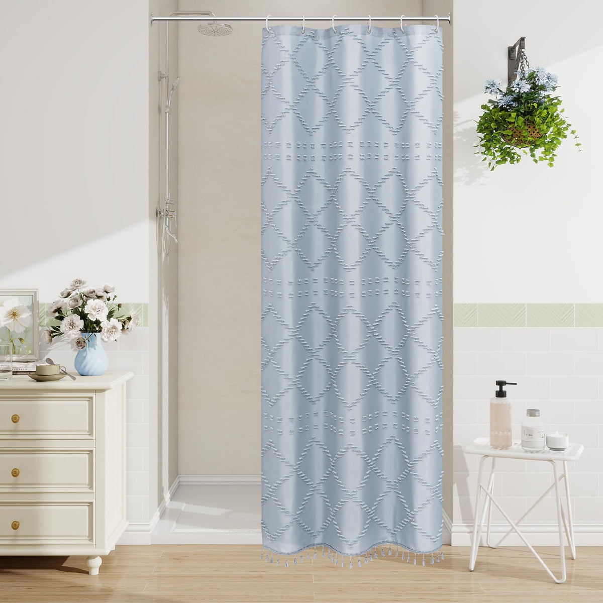 Blue Boho Woven Fabric Shower Curtain with Tassel 72 x 72, Tufted Textured