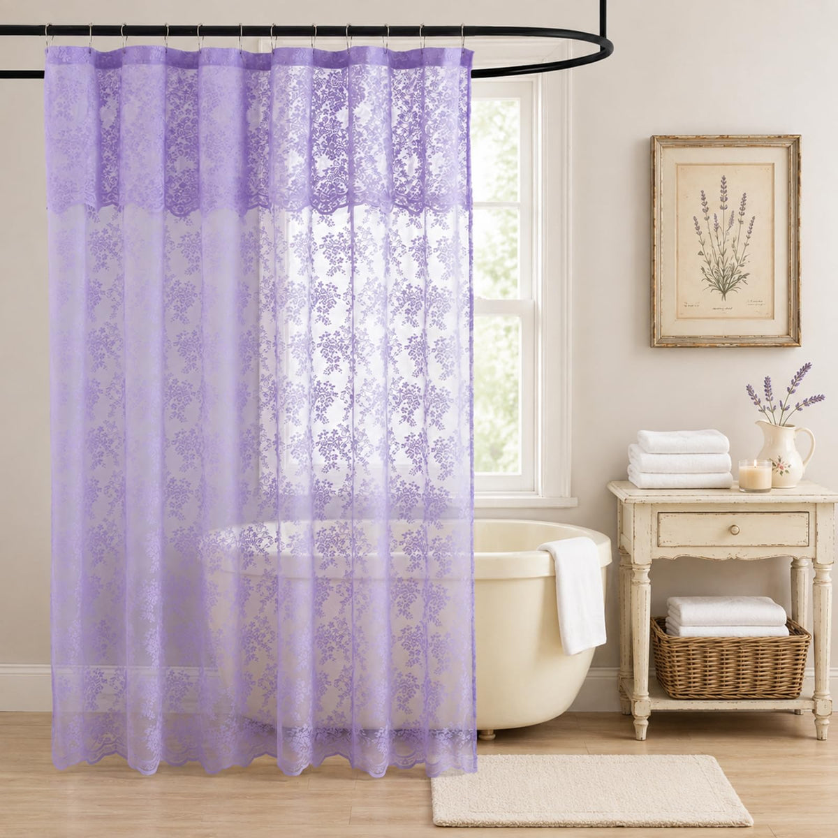 Ivory Lace Shower Curtain 72x72, Vintage Shabby Chic with Attached Valance