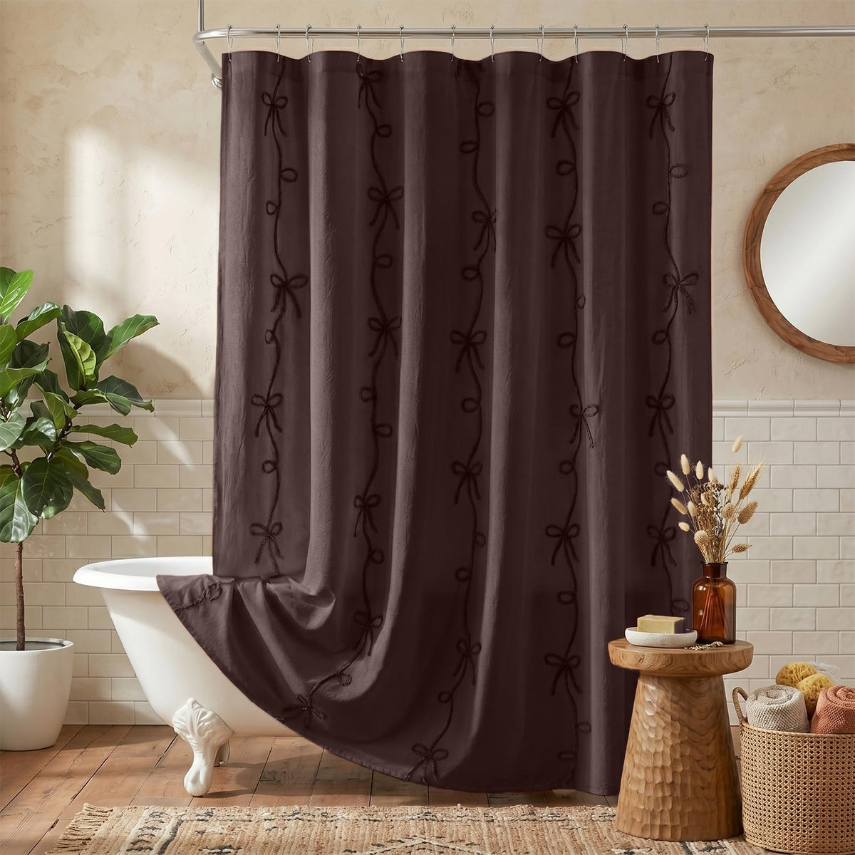 Seasonwood Pink Bow Shower Curtain with Cording Bow Embroidery 72x72 Inches