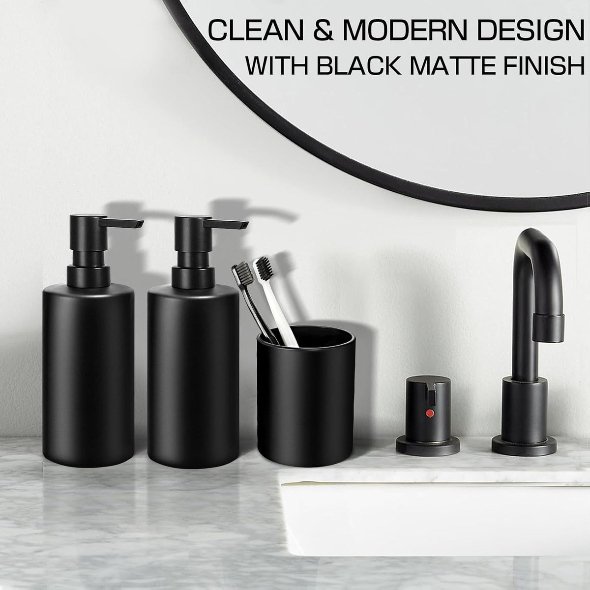 Matte Black Bathroom Accessories Set, 5 Pcs Bathroom Accessories Set, Glass Soap Dispenser and Toothbrush Holder Set, Qtip Holder and Cotton Ball Holder, Modern Bathroom Decor Sets