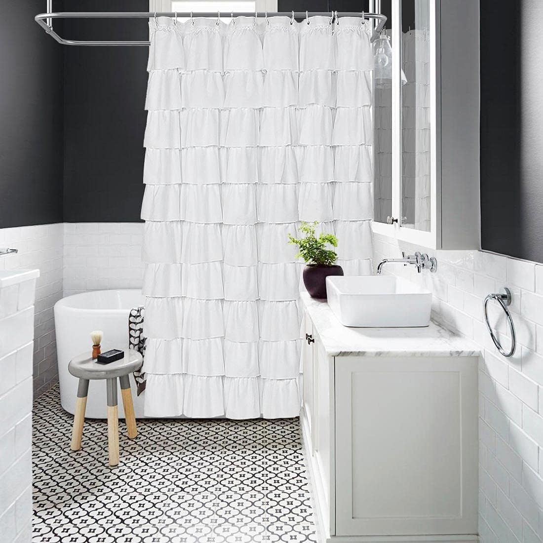 Volens White Shower Curtain Fabric Ruffle for Bathroom,72in Long