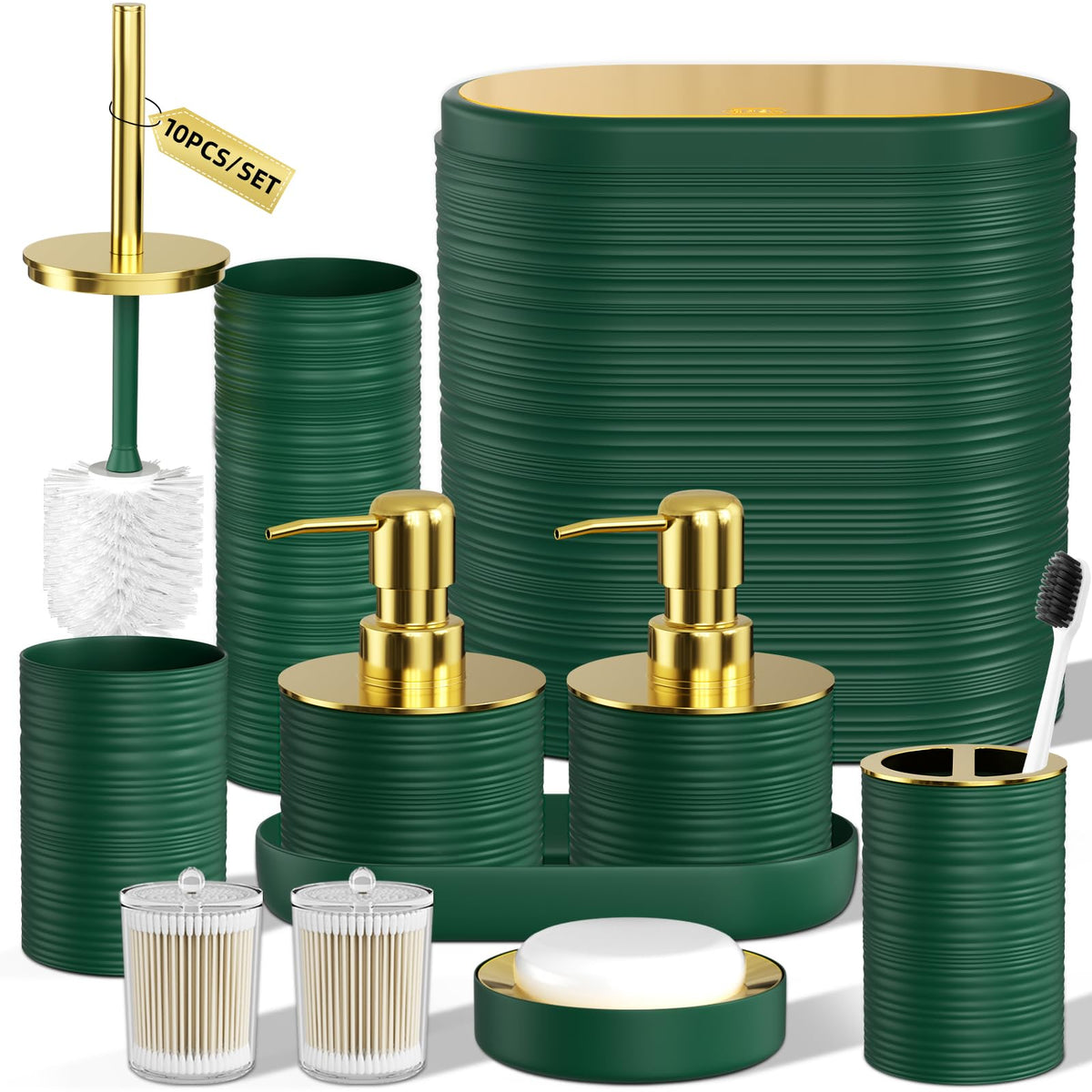 Bathroom Set, 10PC Bathroom Accessory Set, Black Bathroom Accessories, Black and Gold Bathroom Set with Trash Can, Soap Dispensers