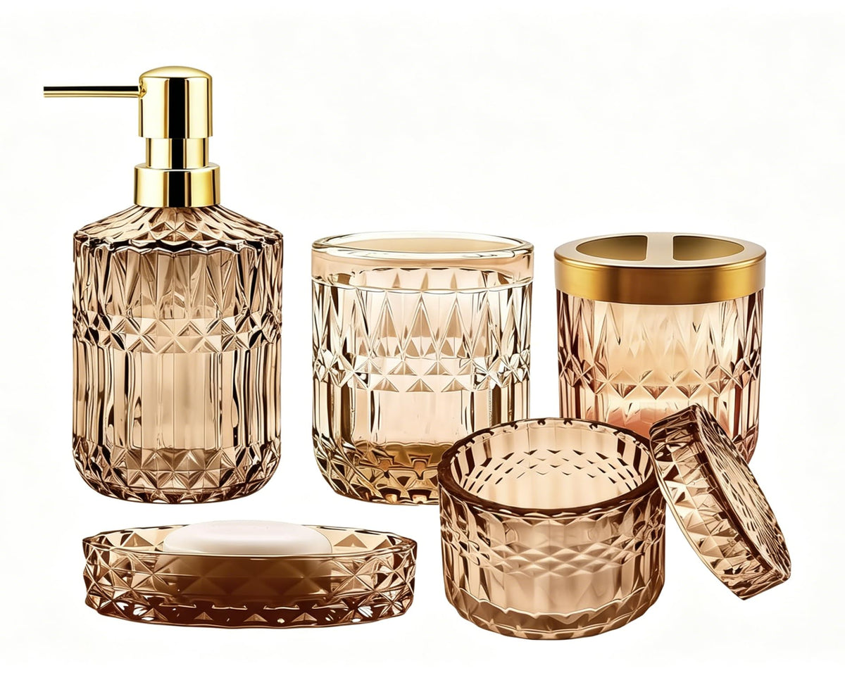 2PCS Brown Glass Bathroom Set, Soap Dispenser & Toothbrush Holder, Vintage