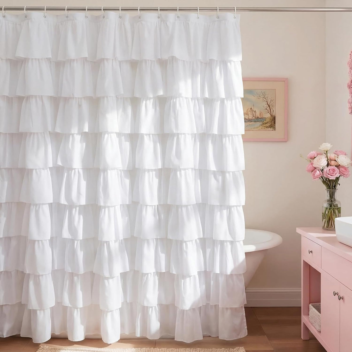 Hahafelt White Dorm Ruffle Shower Curtain 72 x 72 Inches, Ruffle