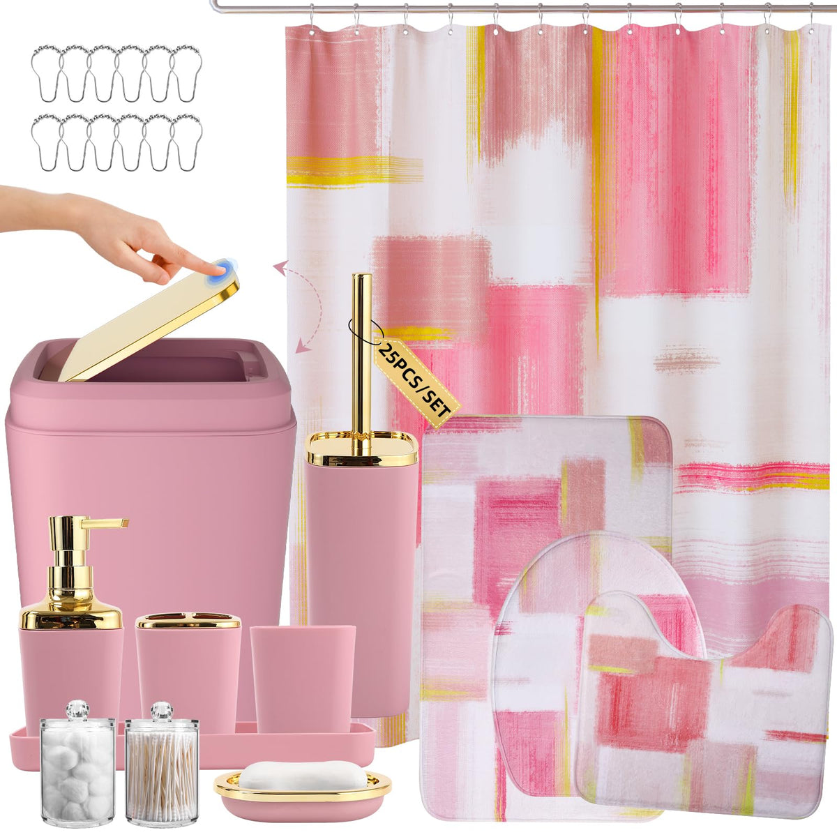 XLHOMO Bathroom Accessories Set - 25PC Bathroom Set with Shower Curtain and Rugs, Pink Bathroom Set, Bathroom Accessory Set with Press-on Lid Trash Can, Soap Dispenser and Qtip Holders