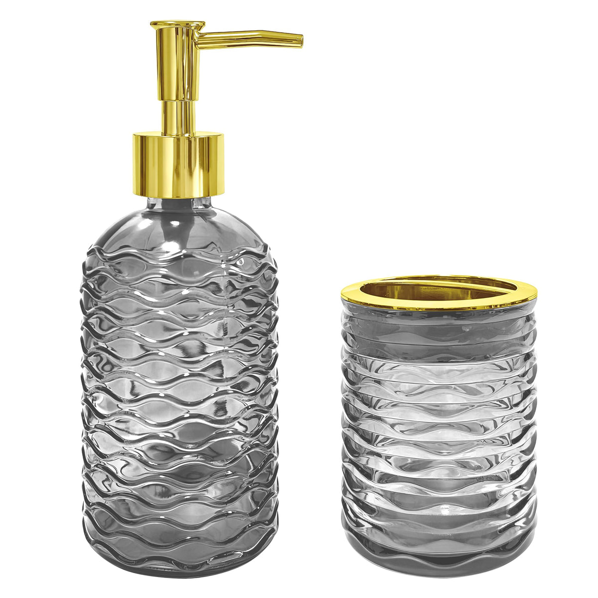 2PCS Brown Glass Bathroom Set, Soap Dispenser & Toothbrush Holder, Vintage