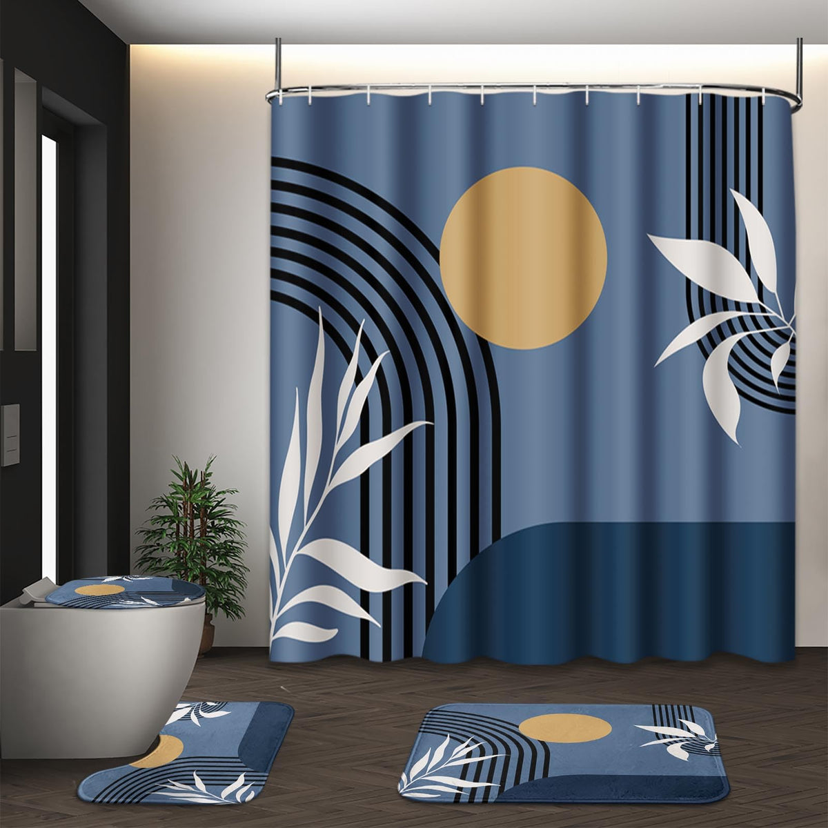 Bathroom Sets with Shower Curtain and Rugs, Set of 4, Boho Sage