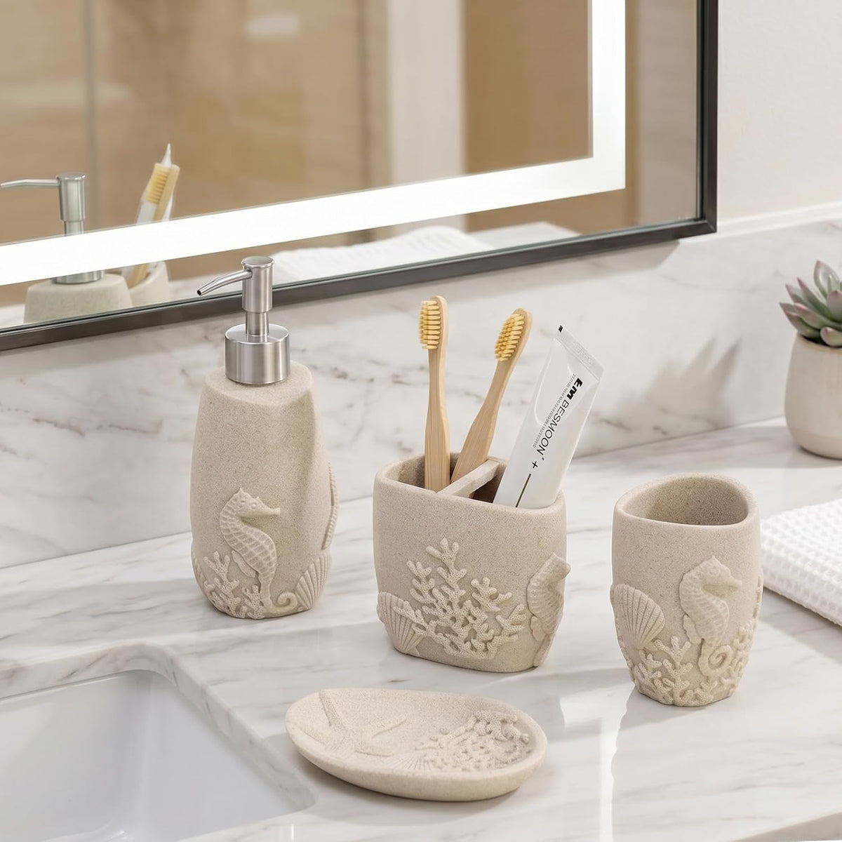 Bathroom Accessories Set, 4 PCS, Sea Bathroom Decor, Sandstone Look Beige