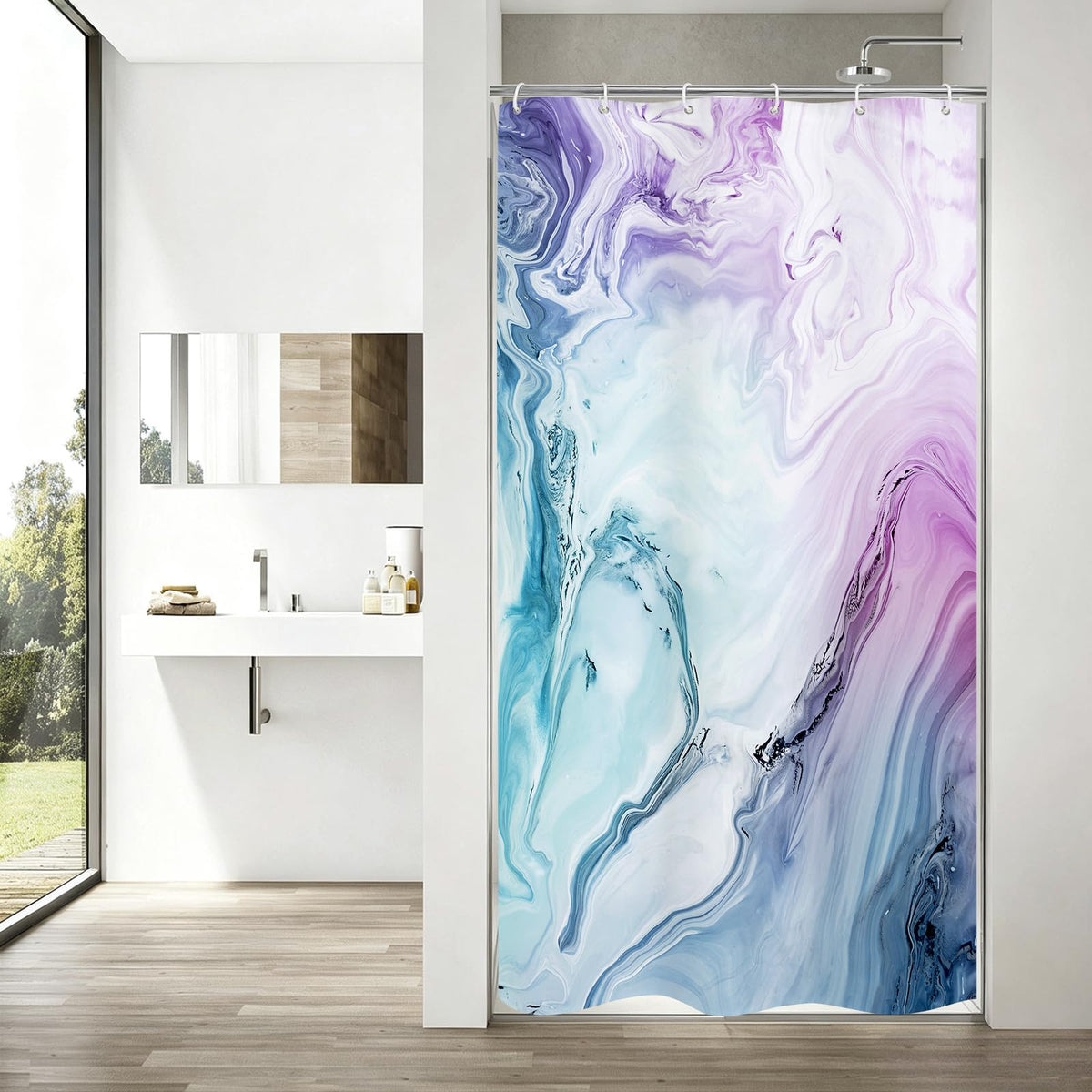 Blue Marble Fabric Shower Curtain, Abstract Watercolor, 72 x 72 Inches