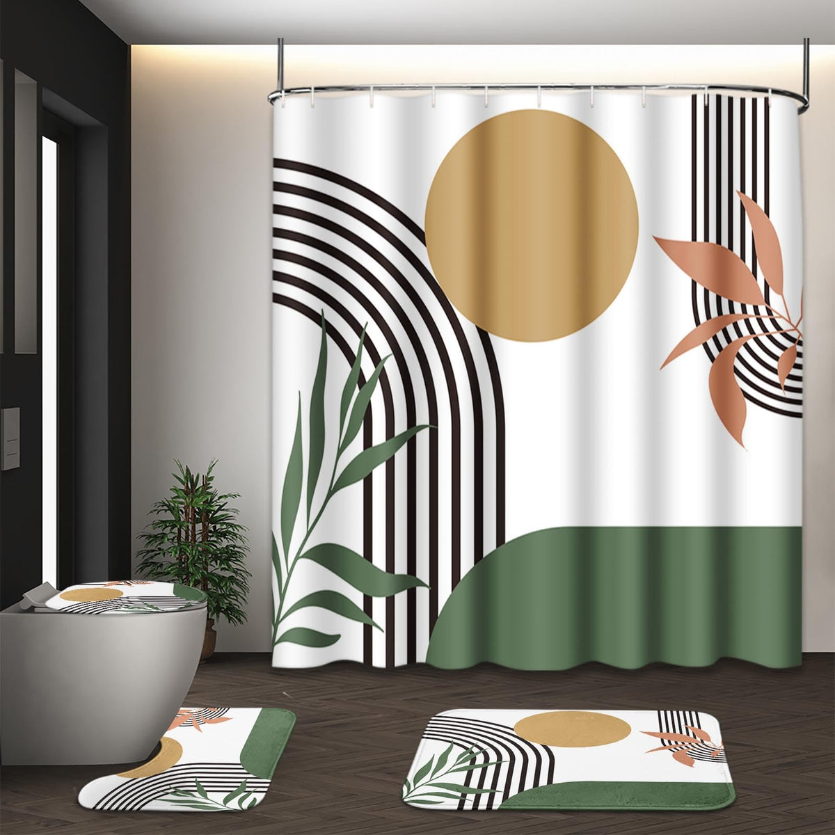 Bathroom Sets with Shower Curtain and Rugs, Set of 4, Boho Sage