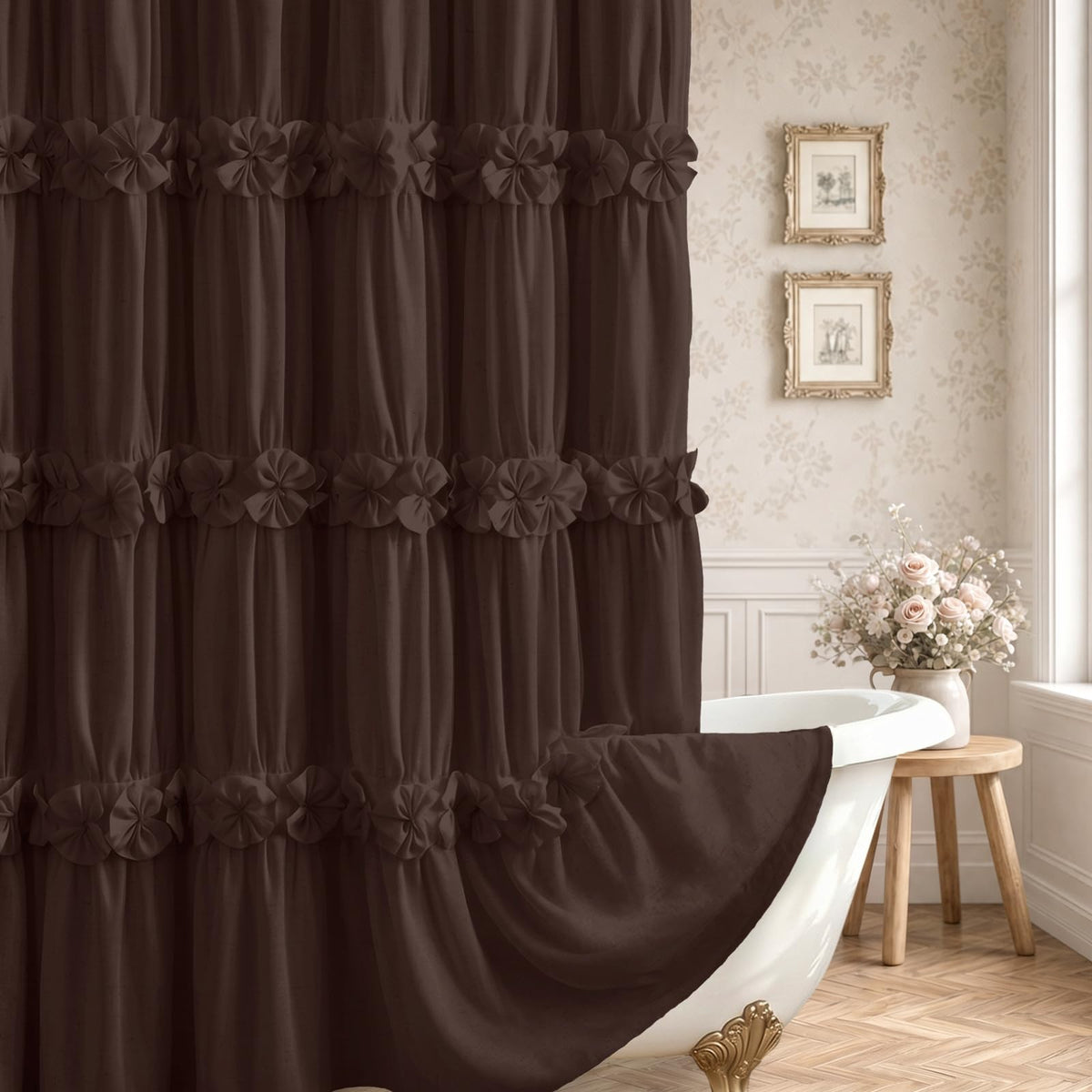 Boho Ruffle Farmhouse Fall Linen Shower Curtain Vintage Cream 72" W x 72" H