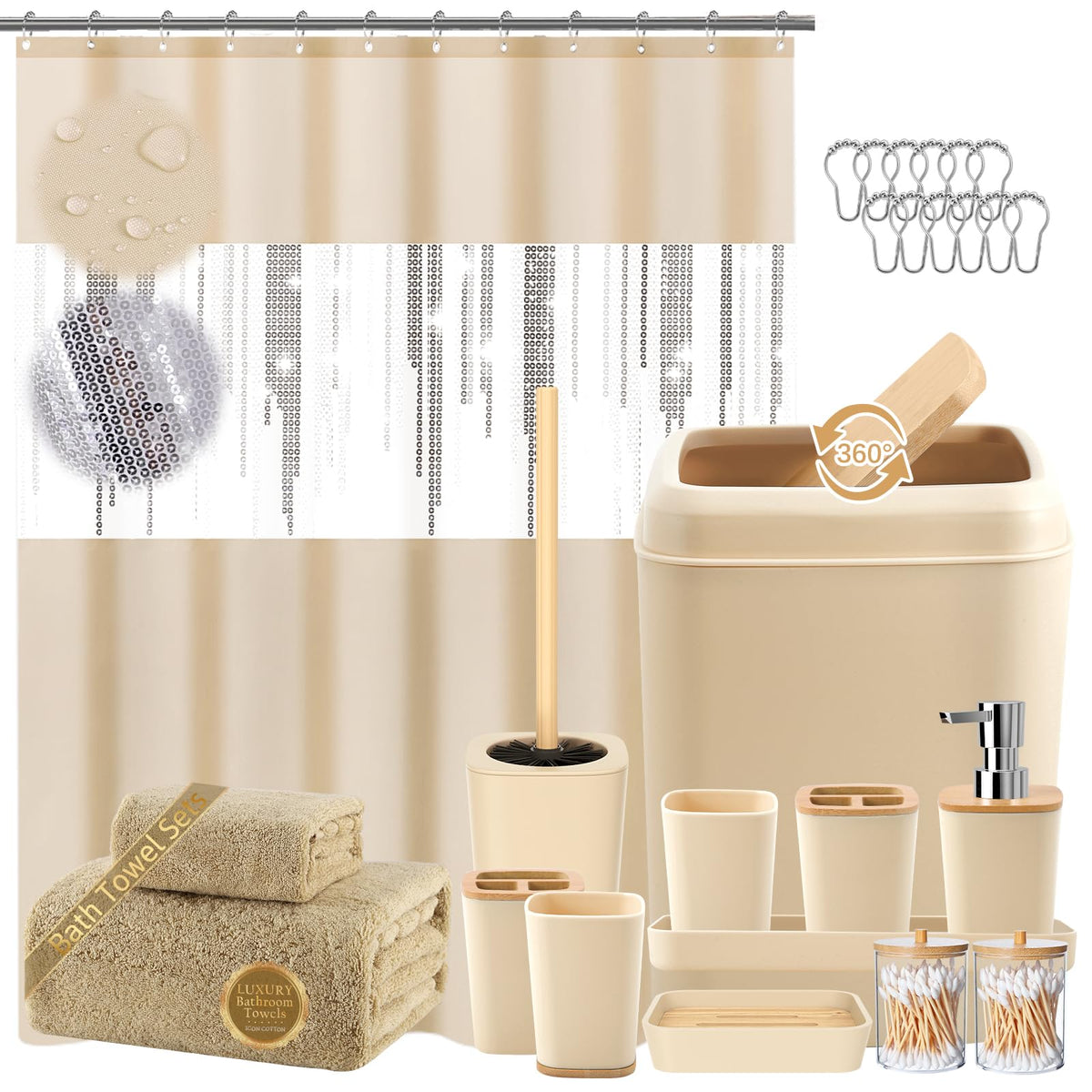 XLHOMO Bathroom Sets with Shower Curtain and Rugs,24PCS Black Bathroom Set Shower Curtain Set with Bathroom Trash Can Bathroom Accessories