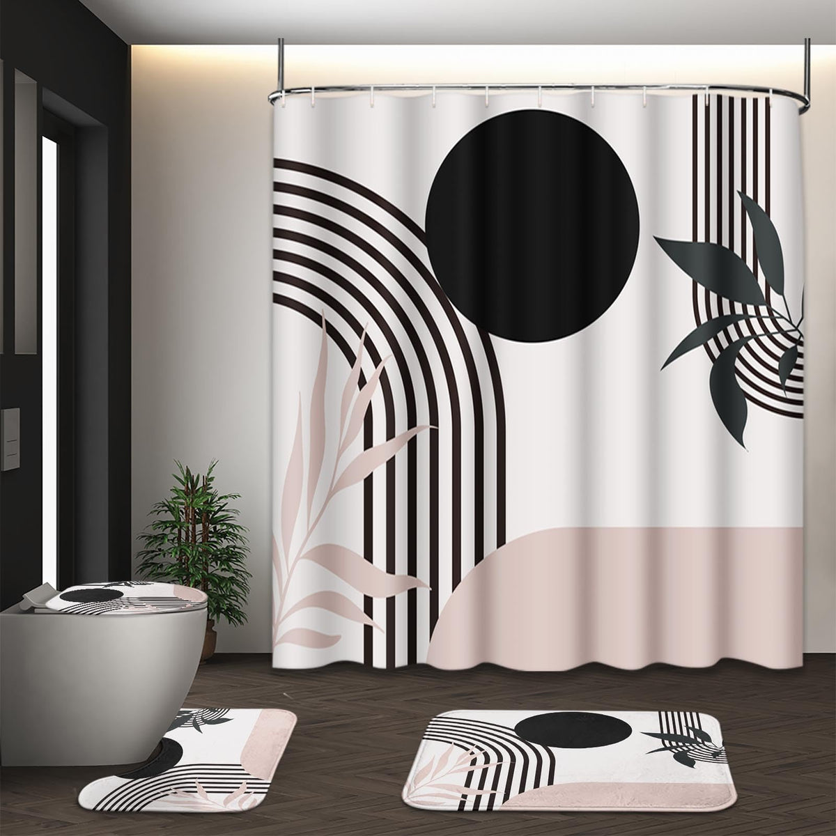 Bathroom Sets with Shower Curtain and Rugs, Set of 4, Boho Sage