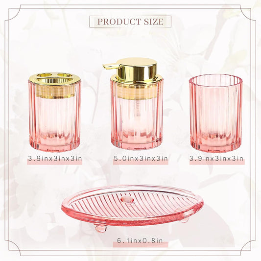 CERBIOR Bathroom Accessories Set, 4 PCS Glass Bathroom Set,Golden Pink